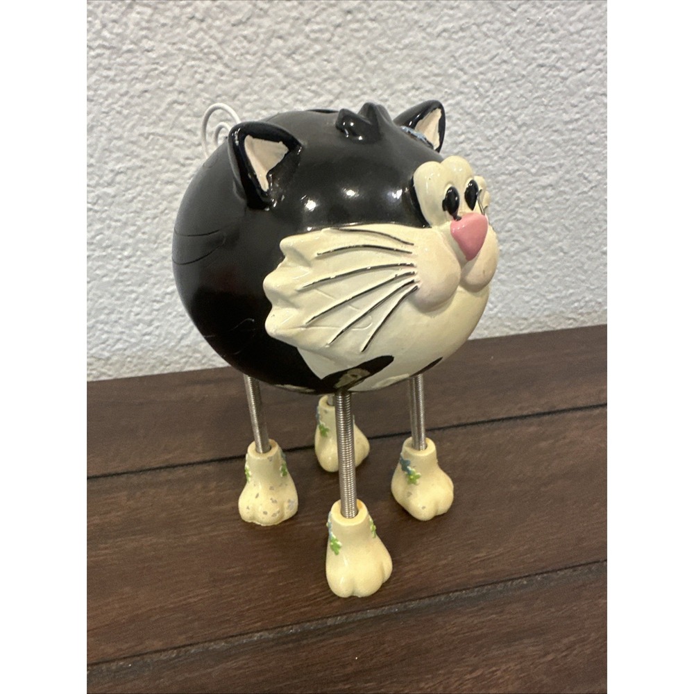 Whimsical Ceramic Black White Cat Coin Bank Spring Bobble Legs Flower Accent